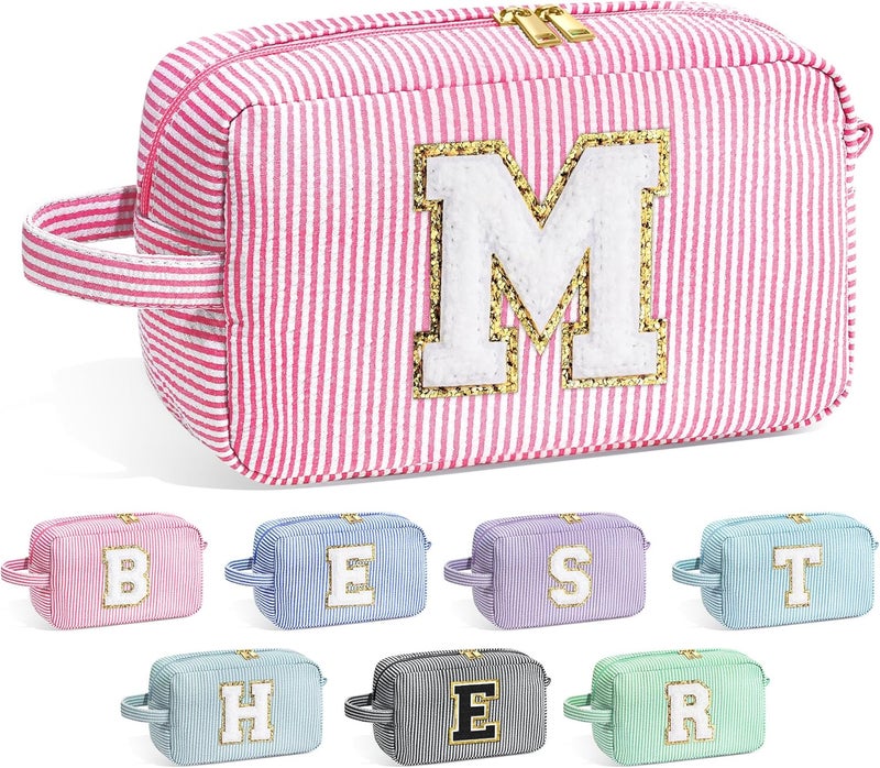 YOOLIFE Gifts for Women Teen Girls Kids - Initial Makeup Bag Cosmetic Bag Toiletry Pouch, Personalized Birthday Gifts for Women Girls Mom Daughter Sister Friends, Pink M - Image 1